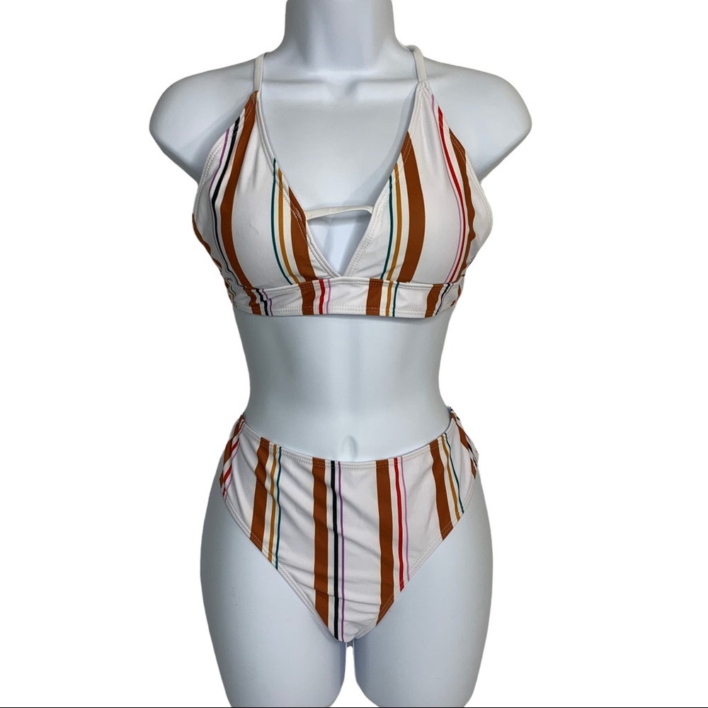 SHEIN 2PC Brown & White Striped Bikini Set Sz L